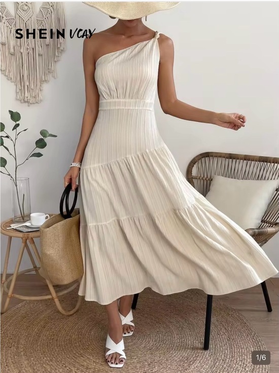 SHEIN Dresses & Skirts - SHEIN Cream One-Shoulder Tiered Pleated Midi Dress